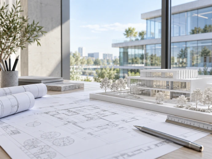 Illustration : plans et maquette d’un projet architectural.