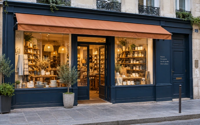 Illustration : vitrine de commerce et intérieur de boutique.