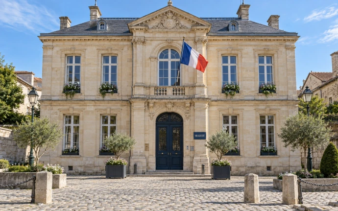 Illustration : mairie avec drapeau français.